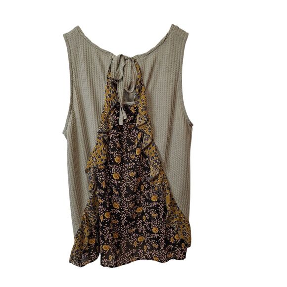Umgee Womens 2XL Sleeveless Thermal Knit‎ Top Mixed Media Boho Tie Neck Ruffle - Picture 2 of 8